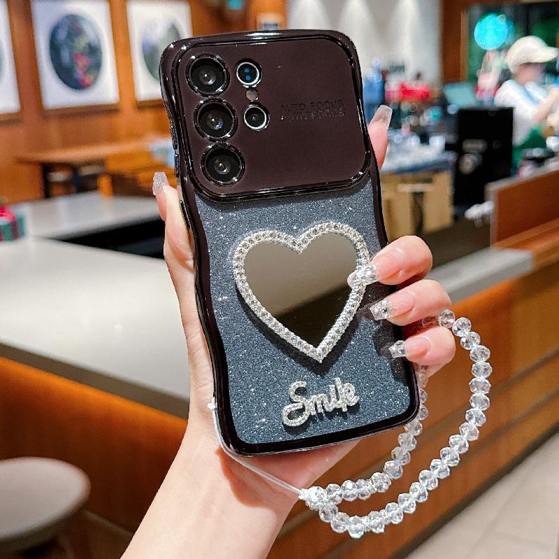 Love Mirror Glitter With Hand Lanyard Case For Samsung Galaxy S25 S24 S23 FE S22 Ultra Plus S25 Edge Cover Electroplated Coque