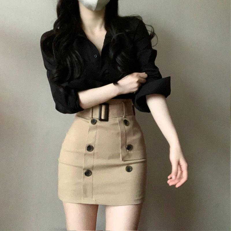 Korean Style Waist-Cinching Shirt & High-Waisted Hip-Hugging Skirt Set for Spring/Summer