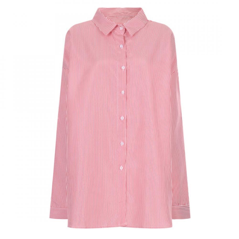 Shop   Women Big Size Overfit Collar Neck Stripe Shirt Red Ntt Wbl 20578
