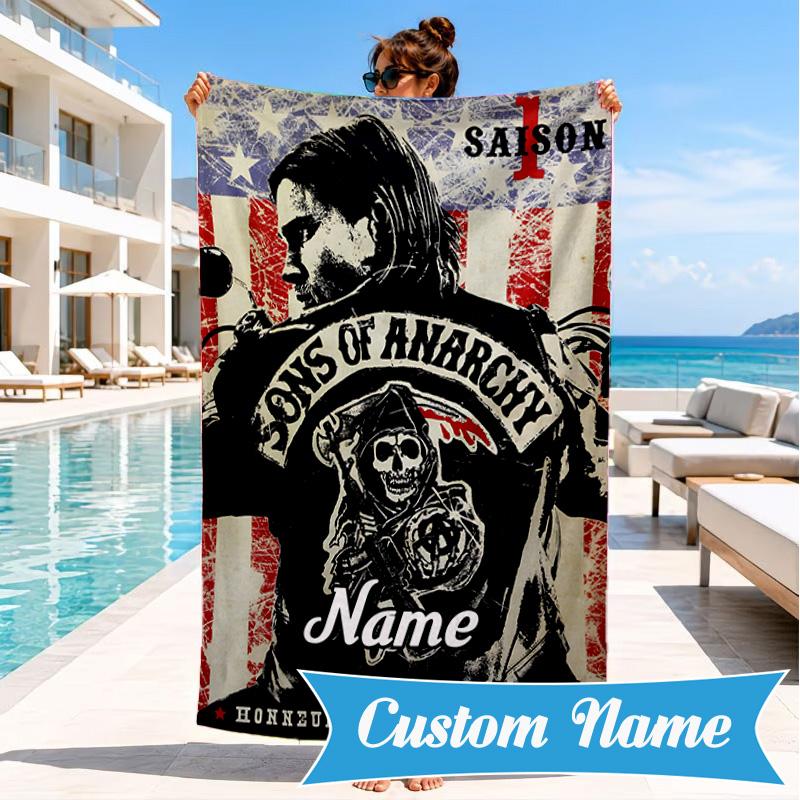 Custom Name Biker Club Anarchy Heart In Space Adventure Microfiber Beach Towel, Lightweight for Summer Travel, Swimming Pool Fan Gift