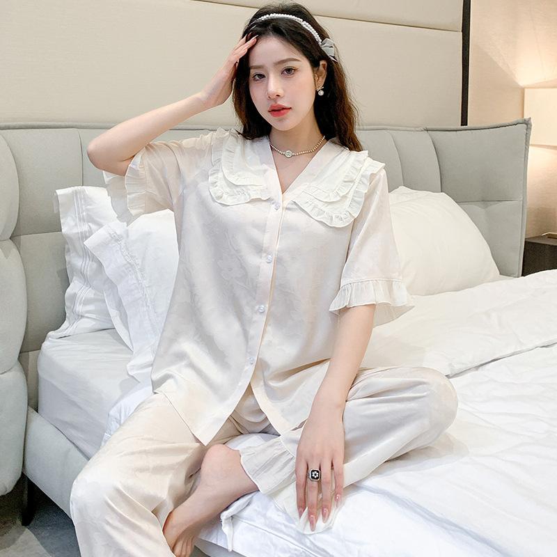 

Атласная пижама женская летняя милая кукольная горловина домашний костюм из ледяного шелка с коротким рукавом длинные брюки пижамы комплект из двух предметов для верхней одежды XL белый