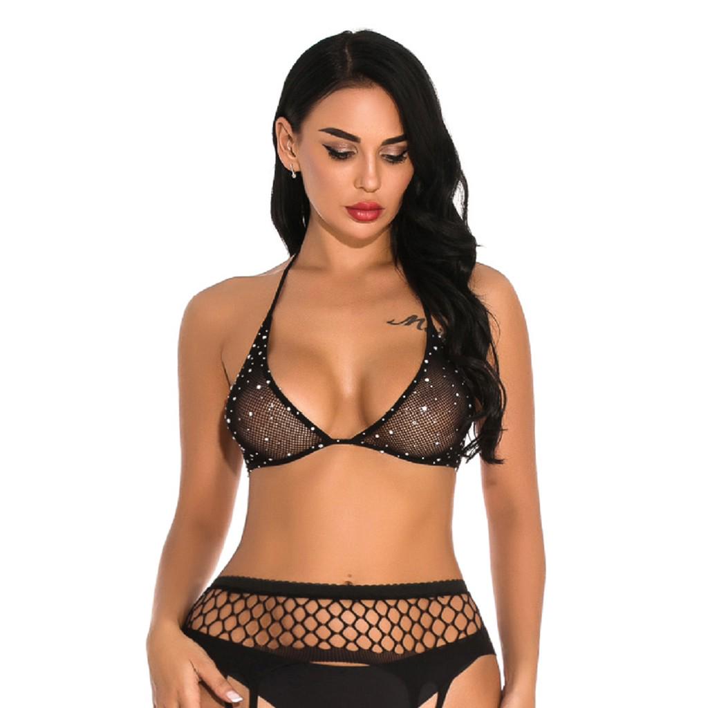 (Great home)Sexy Women Fishnet Lingerie Shiny Diamond Bandage Bra Underwear Sleepwear