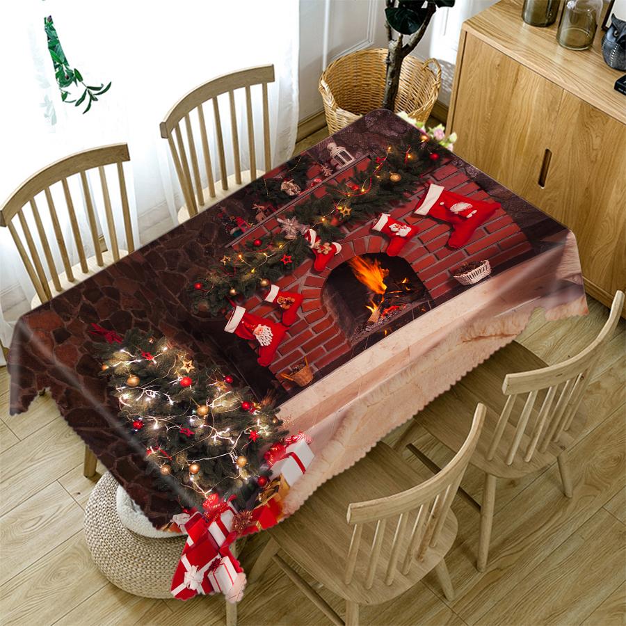 Thicken Cotton Christmas Tablecloth 3d Light Tree Christmas Stockings Fireplace Pattern Rectangular Round Table Cloth