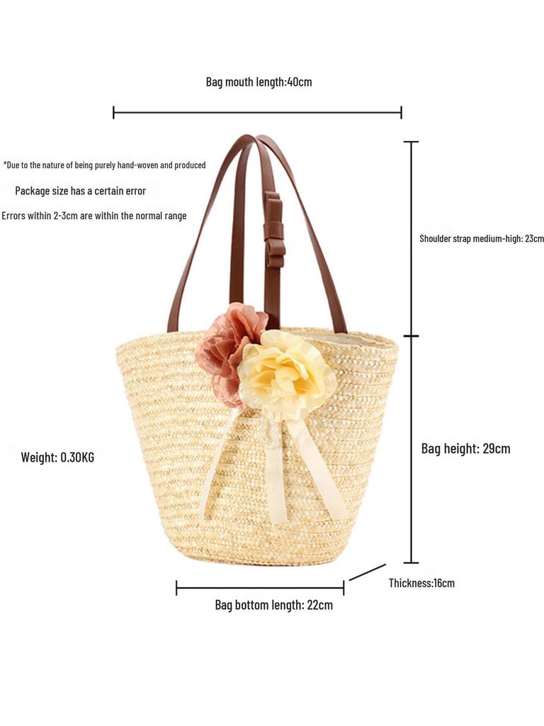New Pastoral Straw Bag: Handmade Wheat Straw, Single Shoulder, Solid Color, Floral Design for Women