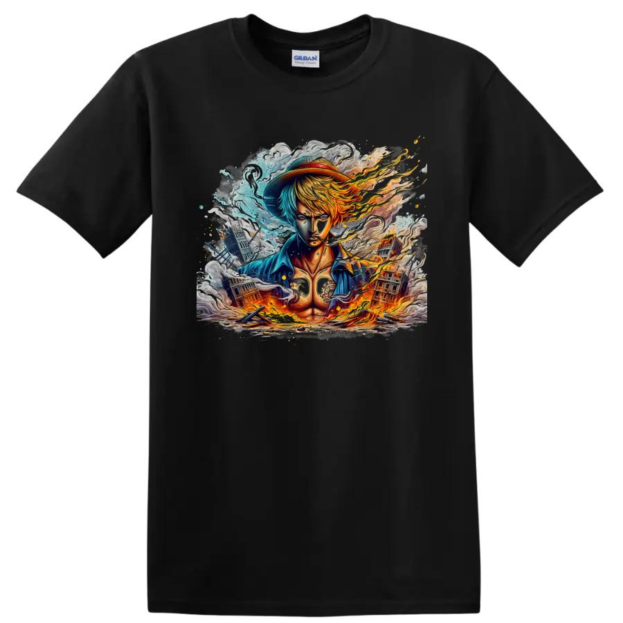 Sanji Anime T Shirt Fiery Battle Martial Artist City Ruins Graphic Tee Gift Idea