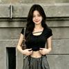 Irregular U-neck Button Drawstring Short-sleeved T-shirt Women's Summer Design Sense Niche Waist and Thin Unique Super Good-looking Top