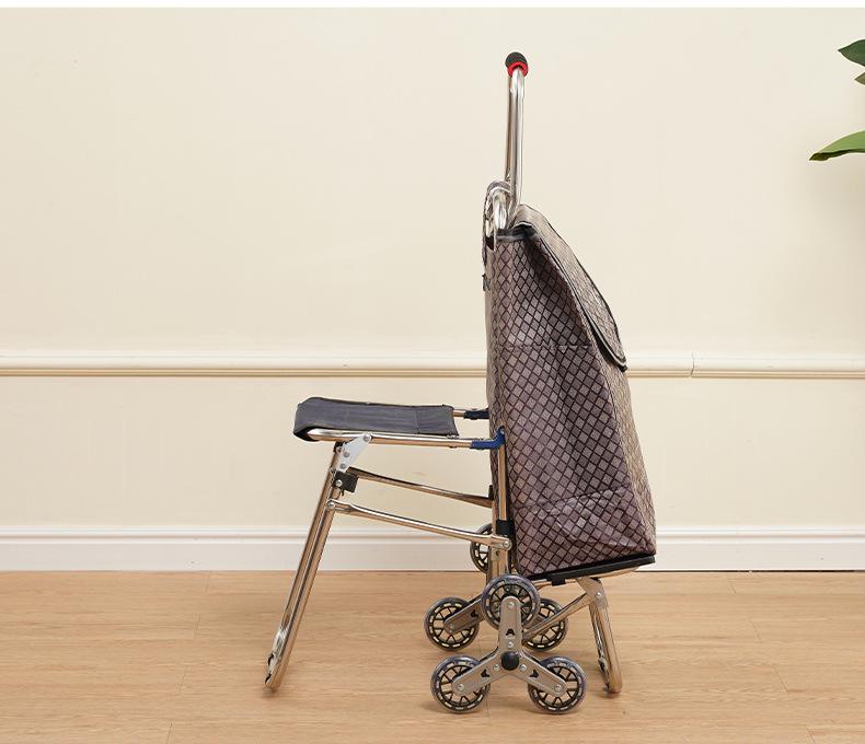 Compact Folding Stair-Climbing Trolley with Seat, Stainless Steel Rod, Outdoor Grocery Cart