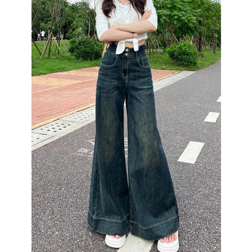 

American retro wide-leg jeans women s spring and autumn new floor-mopping pants high-waisted double-buckle wide-leg jeans tide 2XL