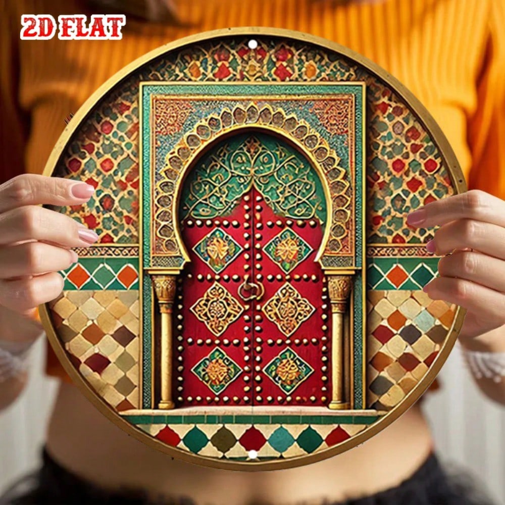 

Vintage Moroccan Tin Sign Metal Wall Art Round Home Decor 20x20 разноцветный