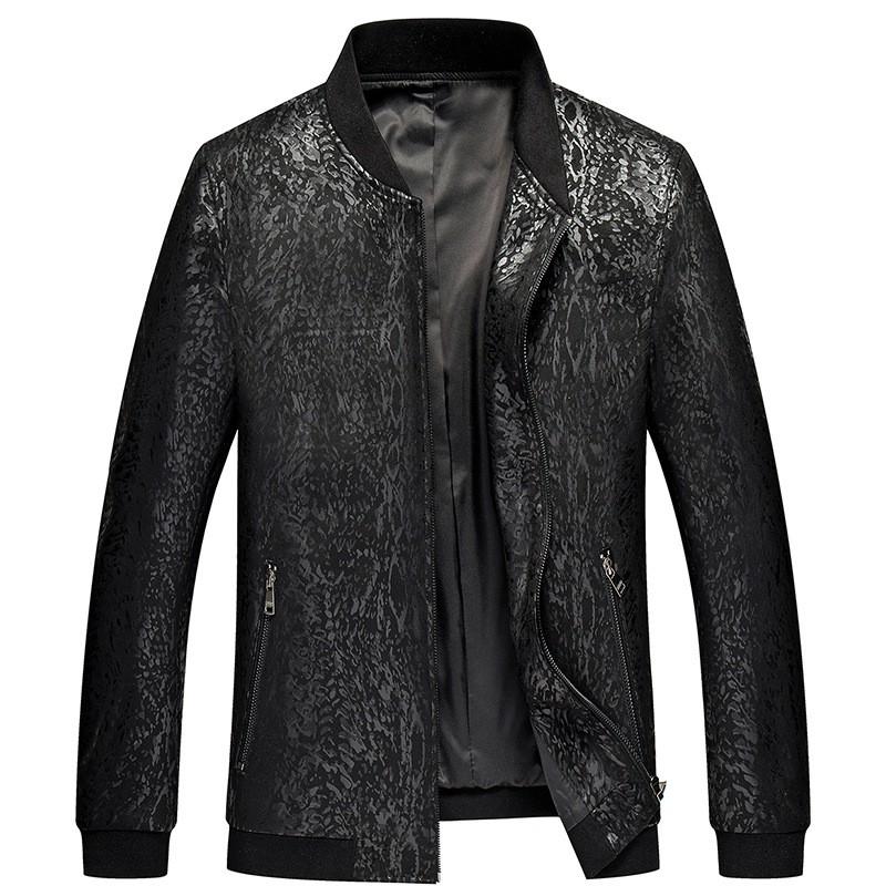 Mens Genuine Leather Short Bomber Jacket With Stand Collar Floral Slim Fit