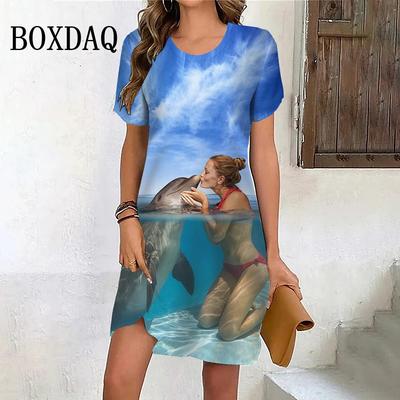 Summer Cute Animal Dolphin Dress 3D Printed Women Unisex Funny Marine Casual Oversized Women'S Dress Short Sleeve Fashion Girls