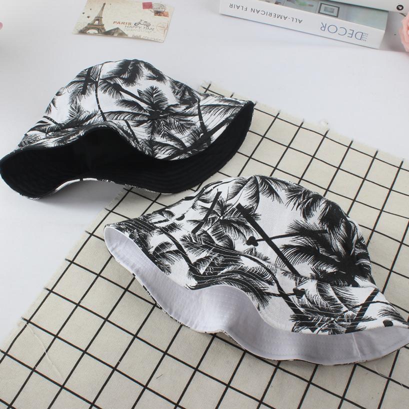 1 Pcs Cotton Summer Fisherman Sun Hat Unisex Double-sided Printing Black Coconut Tree Outdoor Beach Travel Sunshade Hiking Hat