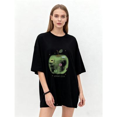 Oversized T Shirt Black Apple Graphic Print With Spulen File Text Casual Streetwear For Women