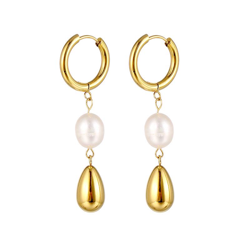 Elegant Stainless Steel Dangle Earrings with Natural Pearls – Non-fading, Versatile Design for Women