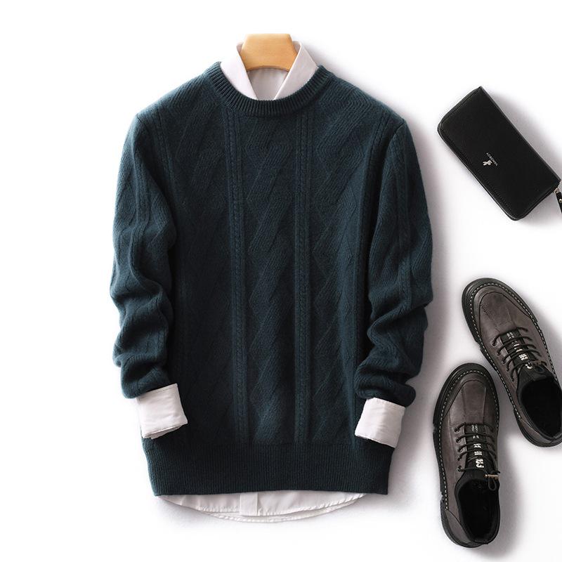 

Men s Thick Cable Knit Wool Pullover Sweater - Round Neck Casual Loose Fit M темно-синього кольору
