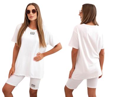 Biały Komplet Damski Bawełniany T-Shirt Oversize + Kolarki Z Lampasami