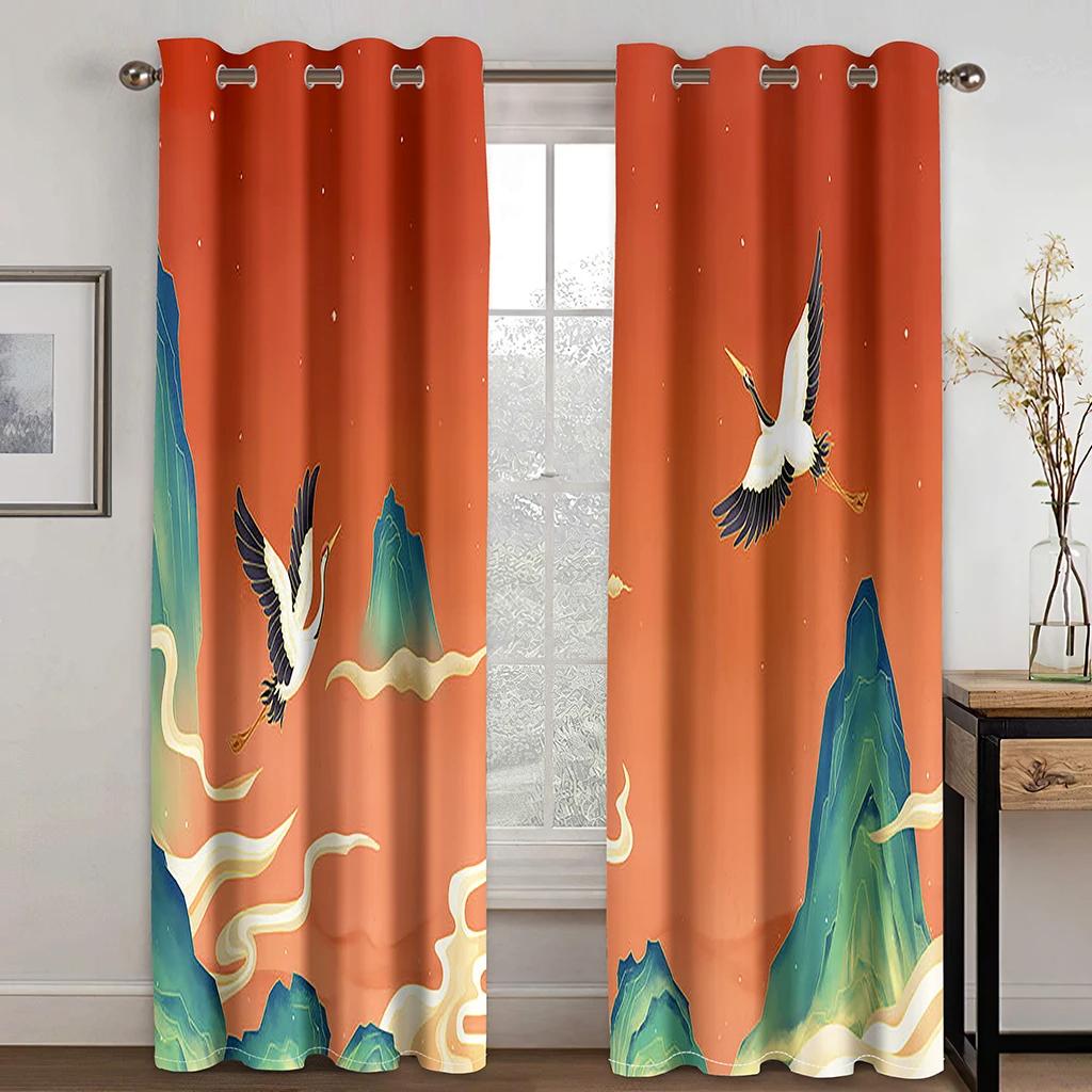 Retro Japanischer Stil Chinesischer Kran Welle Berg Sonne Druck Dicke Vorhänge Schlafzimmer Wohnzimmer Hotel Fenstervorhang 2 Paneele Neu
