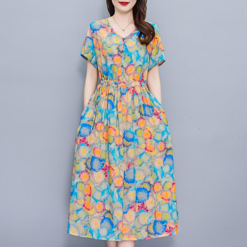 Elegant Women Dresses Summer Plus Size Vintage Clothes Short Sleeve Casual Long Dress