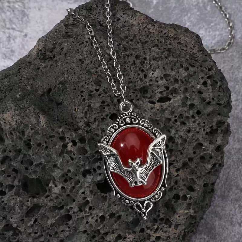 Gothic Vampire Bat Pendant Necklace With Ruby For Halloween Gift For Women