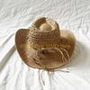 49MD Handwoven Straw Hat Sun Protective Hat Roll Brim Straw Hat with Seashells Belt