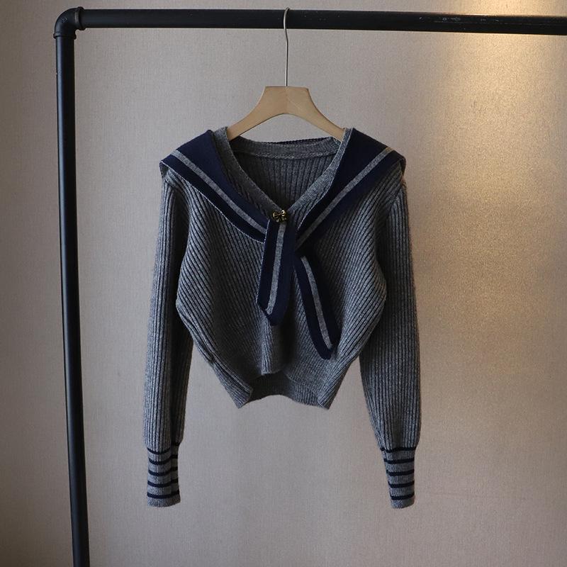 

[Bi Zheng] Женский корейский вязаный кардиган с V-образным вырезом и колор-блоком и шаль, комплект Осень/Зима 2024 One Size серый