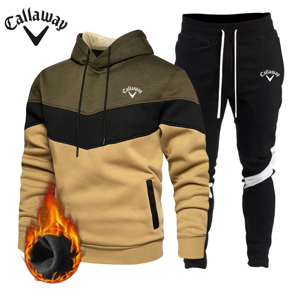 

Вышитый свитер Callaway с капюшоном и штанами, комплект из контрастного цвета с капюшоном, зимний мужской спортивный костюм из 2 предметов, мужской спортивный костюм для бега S белый