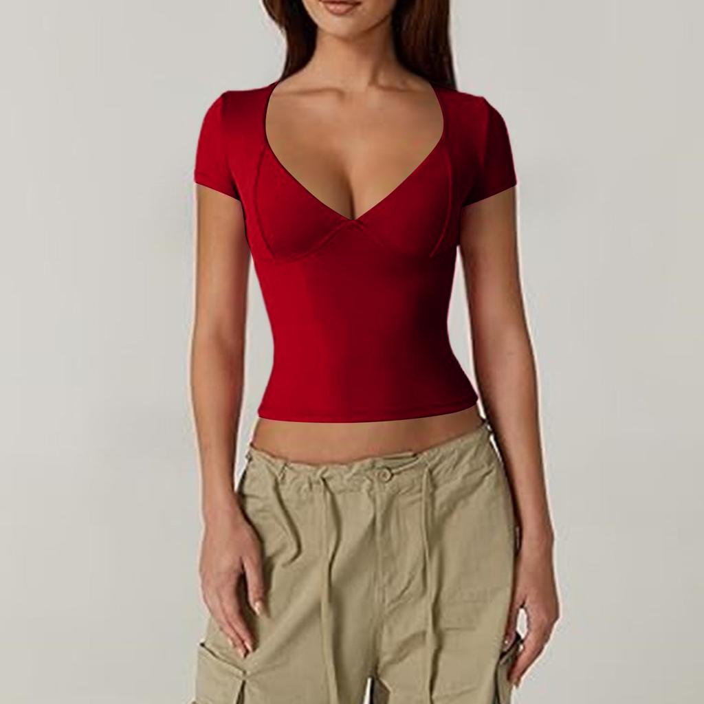 Women's Top Slim Fitting T-Shirt V-Neck Top With Bottom Short Sleeved Sexy Solor Top T-shirt