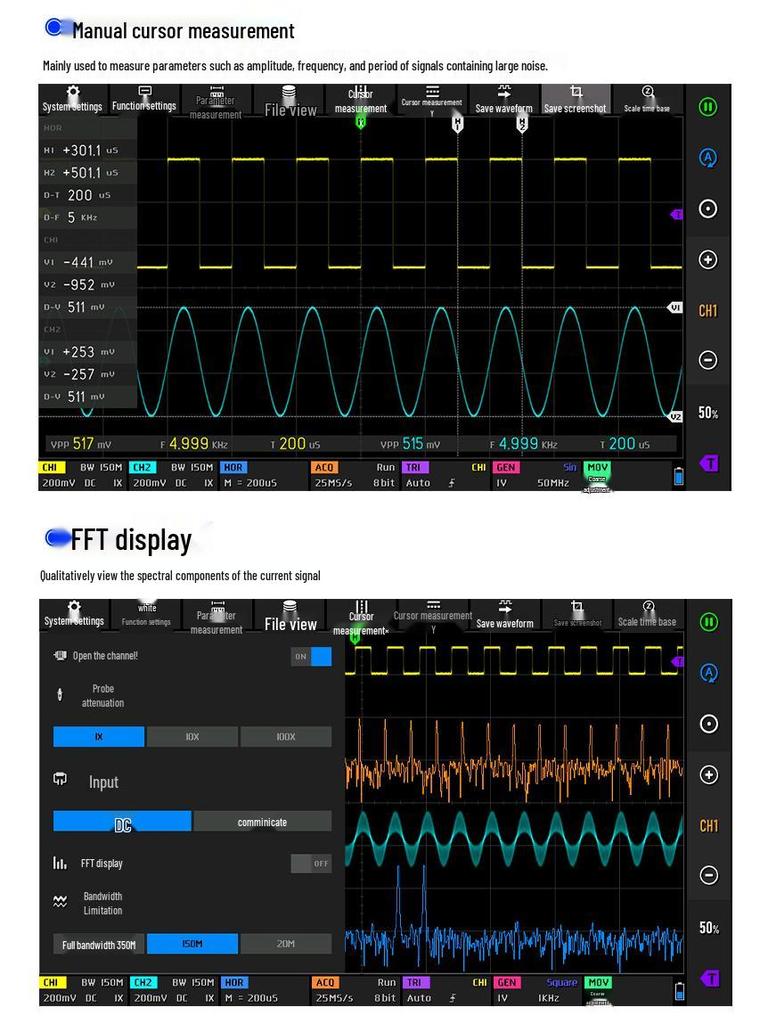 Tabletă FNIRSI DPOS350P 4-în-1: Osciloscop 350M, Generator de Semnal, Analizor de Spectru, Contor de Frecvență