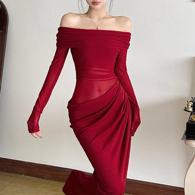 Women's Sexy One-shoulder Mesh See-through Long Dress