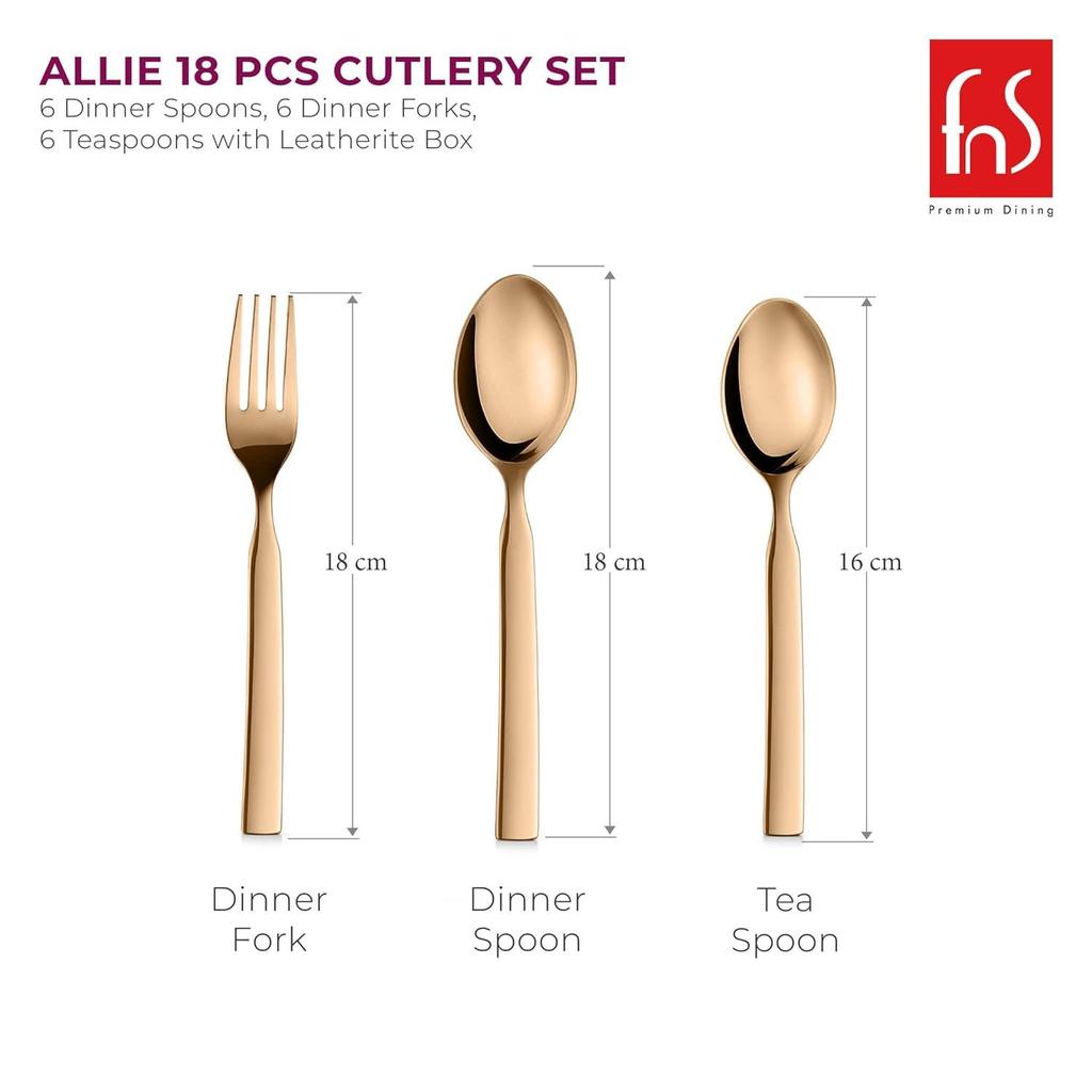 Allie 18-teiliges Besteckset aus Edelstahl in Roségold mit Kunstlederbox (6 Menülöffel, 6 Menügabeln, 6 Teelöffel)