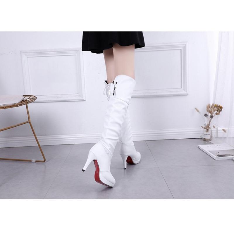 Autumn and Winter New Korean Version High Heels Women's Knee High Boots with Lace Up Casual Women's Martin Boots