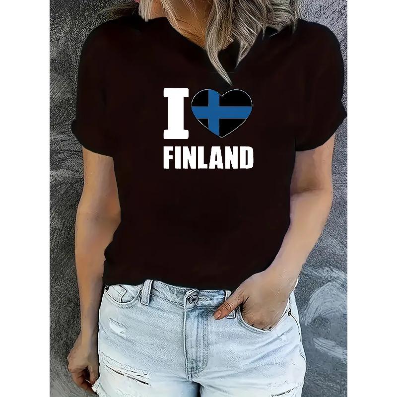 

Women s Finland Flag Graphic Crew Neck Short Sleeve Casual Sports Tee 4XL чорний