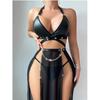 Spicy Dark PU Leather Choker Bra & Chain Two-Piece Lingerie Set