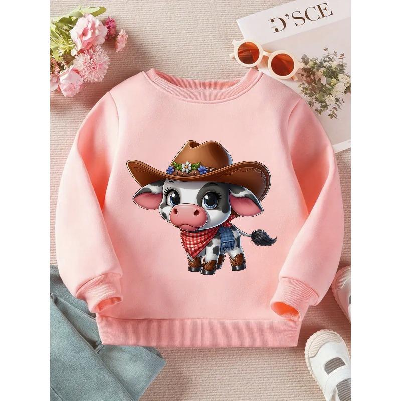 Western Cow Charm: an Adorable Cartoon Design Long Sleeve Crewneck Sweatshirt - Comfortable Casual Pullover Top