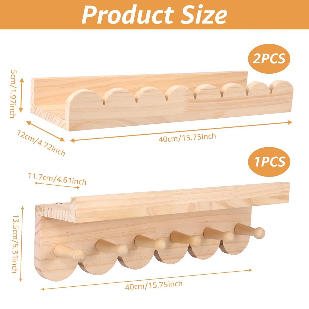 3/4Pcs Scalloped Wood Wall Storage Shelf Strong Load Bearing Wooden Floating Wall Shelf With Hook Decorative Display Shelf