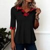 Damen Karo Patchwork 3/4 Ärmel T-Shirt V-Ausschnitt Kragen Lässige Bluse für Street Style
