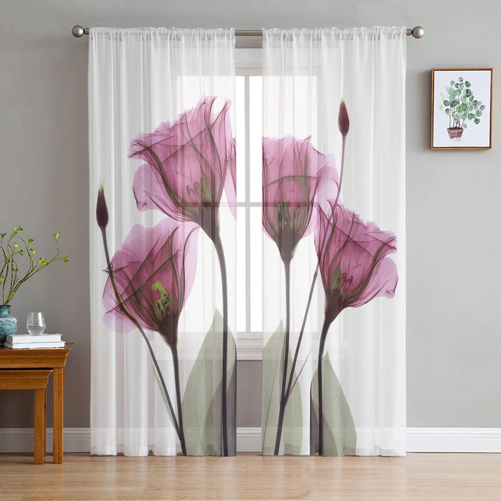 2 Panels Custom Flower Voile Curtain Tulip Pink Purple Flower Print Curtain for Bedroom Living Room Window Curtain Sheer Drape