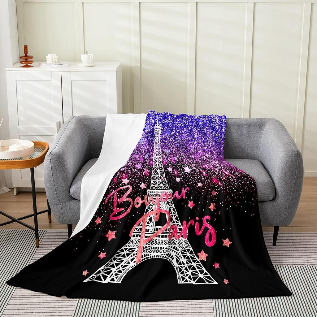 Glitter Print Eiffel Tower Plush Throw Blanket Teal Blue All Season Bed Blanket Paris Flannel Fleece Throw x Inches