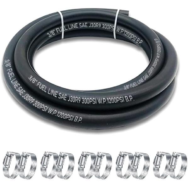 5/16 Inch ID Fuel Line Hose, J30R9 NBR Rubber Push Lock Hose High-Pressure 300PSI Gasoline Tube with 10 PCS SS Clamps for Fuel Systems Engines 10FT