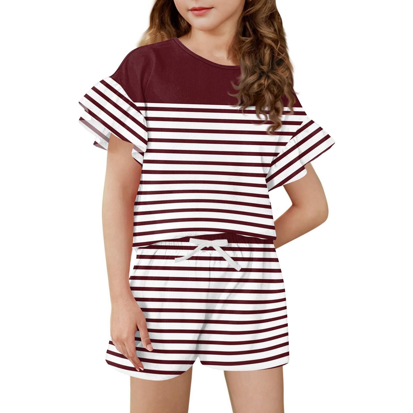 

Girls Summer Outfit Ruffle Sleeve Top And Shorts Clothing Set Lightweight Casual Two Piece 170 винный
