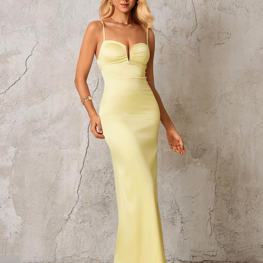 Fashion Temperament Spice Girl Satin Suspender Dress, Sexy Backless V-neck Slim and Thin Hip Dress Long Dress