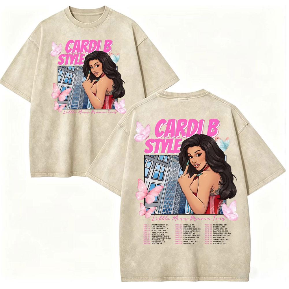 Vintage Washed Rapper Cardi B Graphic T Shirts Little Miss Drama Tour 2026 Tshirts Men Women Clothing Hip Hop Fashion Tshirt