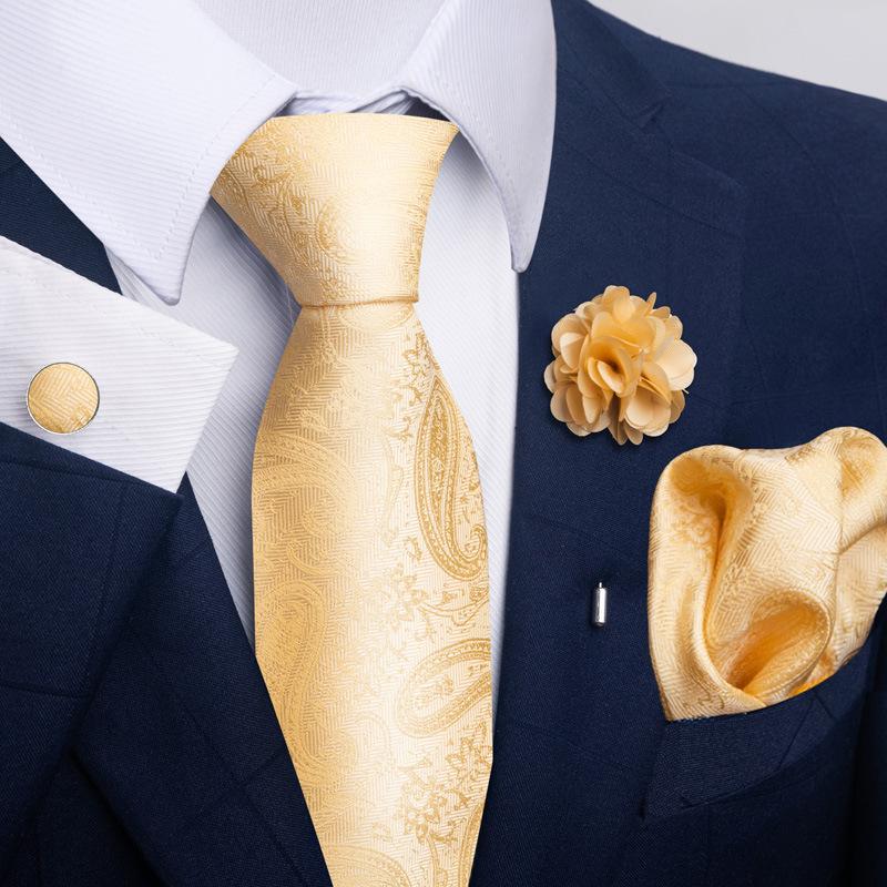 Men 8cm Wide Silk Wed Neck Tie Cufflinks Brooch Pin Handkerchief Business Wedding Party Suits Groom Accessories Gift