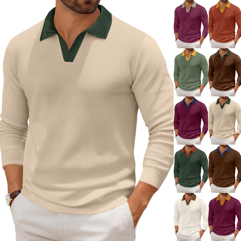 Men's Casual Color-Block Collared Long-Sleeve Knit Base Layer Top