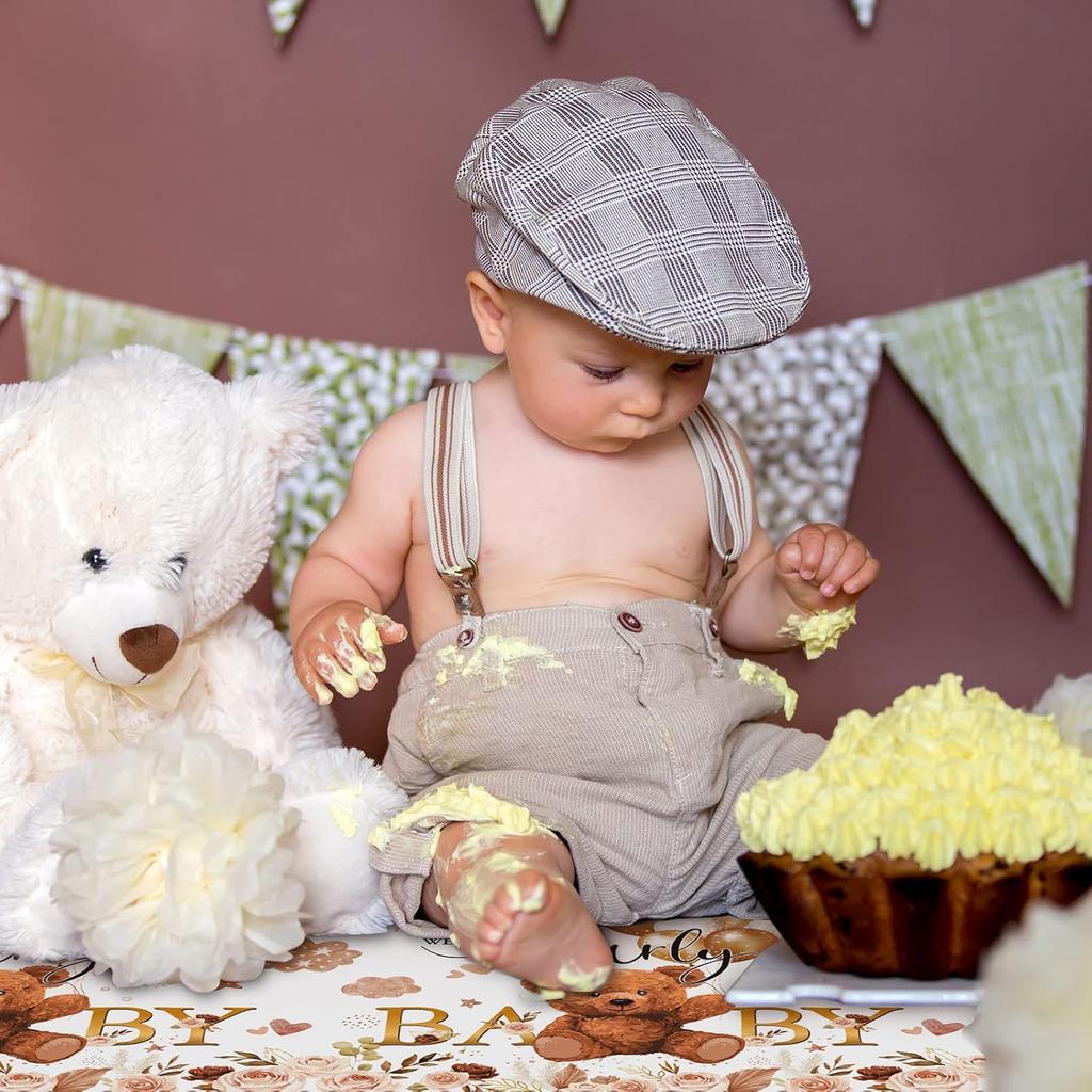 Tatuo 3 Pcs Bear Baby Shower Decorations Tablecloth We Can Bearly Wait Bear Table Cover Balloon Plastic Tablecloth for Birthday Baby Shower Party