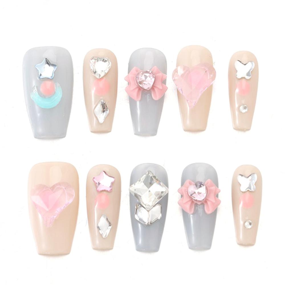 10Pcs with Rhinestone Love Mocha Handmade Nails XS S M L Full Cover Dream Candy Fake Nail with Tool Box Pure Manual False Nail