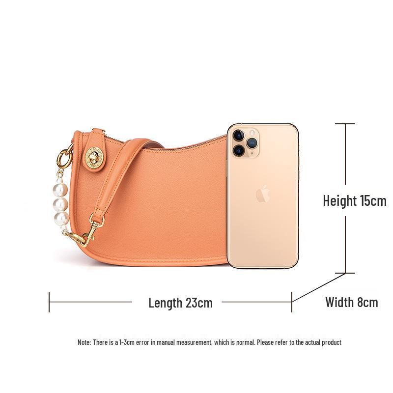 Genuine Leather Pearl Underarm French Baguette Cowhide Crossbody Bag - Trendy & Versatile Women's Shoulder Bag