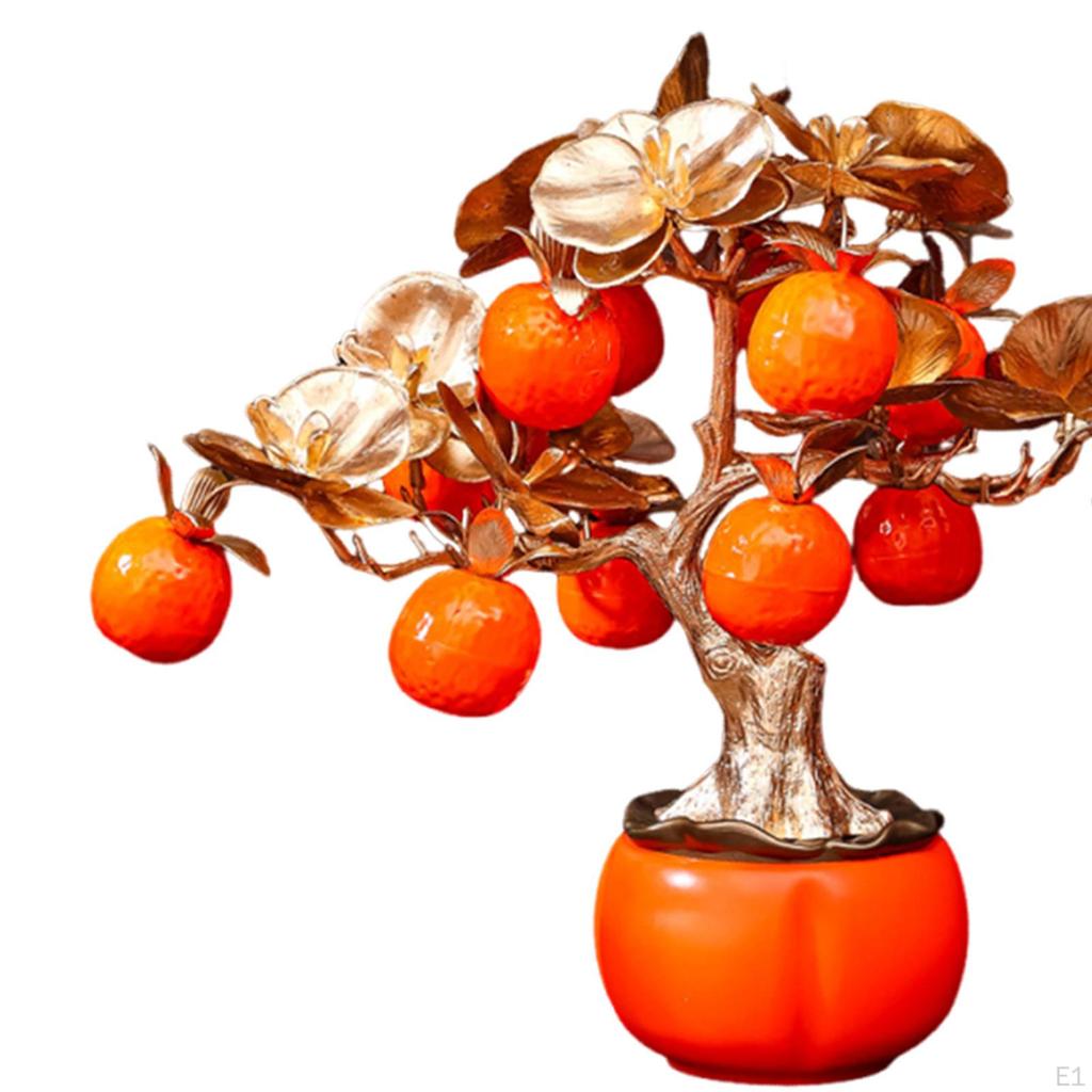 Feng Shui Persimmon Tree Statue Artificial Bonsai Fortune Plant Sculpture Resin for Home Decor