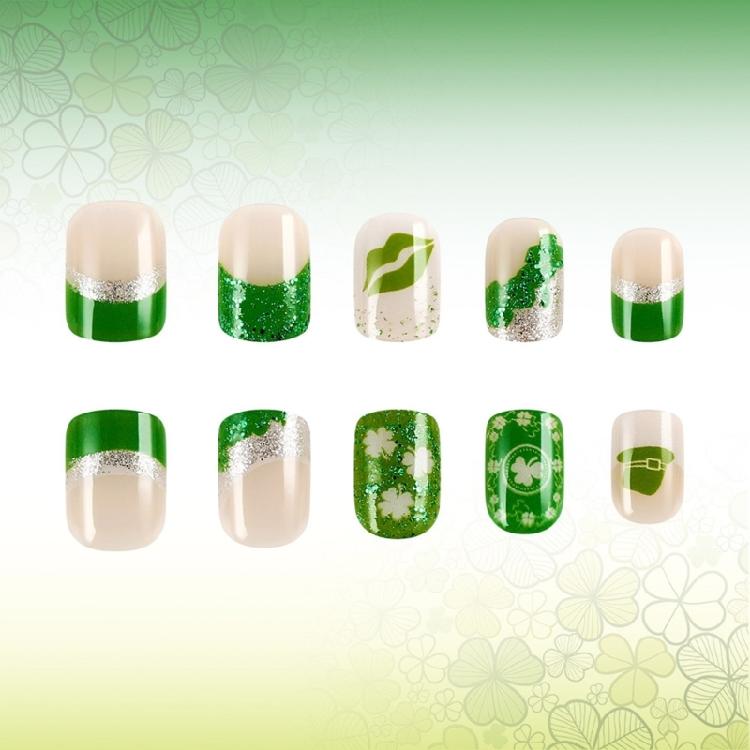 24 Pcs Lip Print Stick on Nail Saint Patricks Day False Nail French Tip Press On Nail Shamrocks Artificial Nail