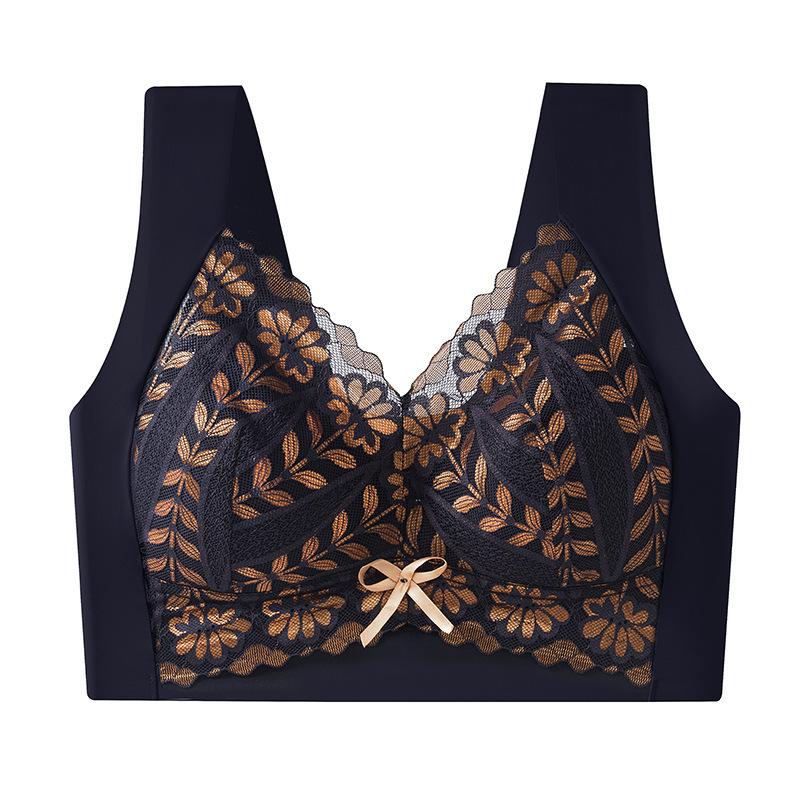 

Navy Blue Lace Floral Bra with Wide Straps and Bow Detail for Plus Size Comfort L чёрный